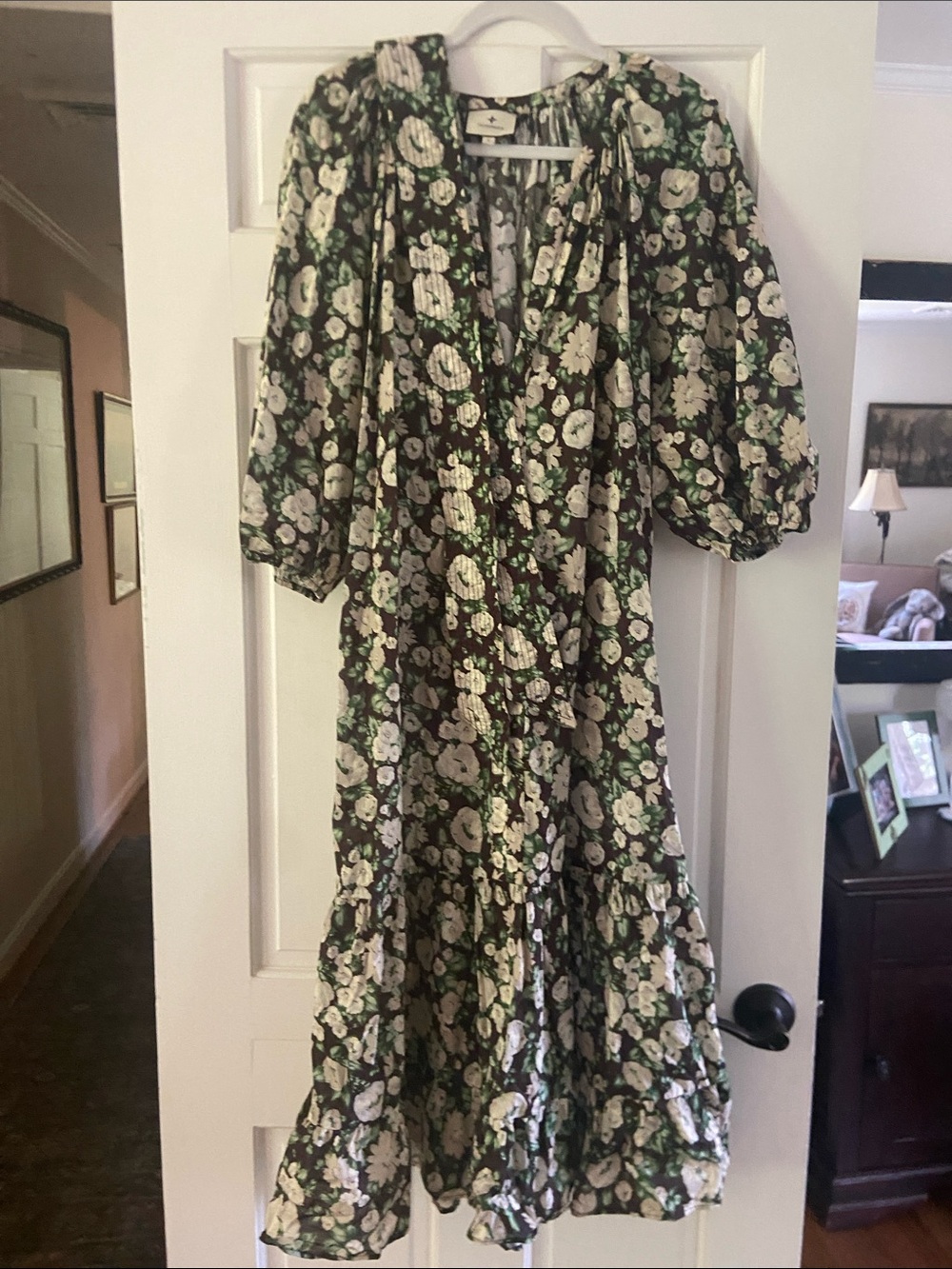Tuckernuck Black Floral Midi Dress with Green and Cream Flowers NWOT